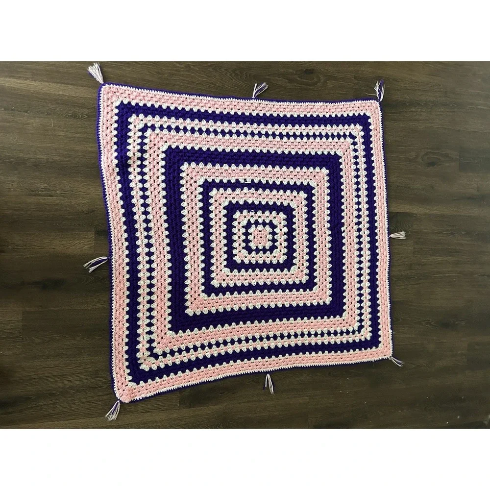 Vintage Afghan Granny Square Blanket Hand‎ Crocheted Pink Purple Tassel 41x39